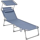 SONGMICS Lettino Prendisole, Sedia a Sdraio Pieghevole, 193 x 53 x 29 cm, Max Portata 150 kg, con Poggiatesta Parasole e Schi