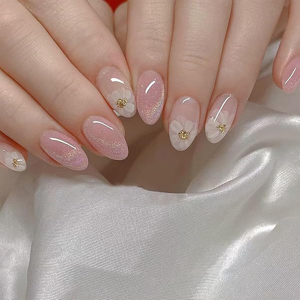 LEMEIZ Press On Nails – Short Coffin, Ombre Pink Mit Glitter & Strass