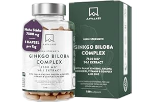 ‎AAVALABS Ginkgo Biloba Kapseln 7500mg 50:1 Extrakt Bacopa Monnieri Brahmi Panax Ginseng Hochdosiert, Vitamin B Zink - Nootropic Gingko Hochdosiert für Konzentration - 180 Ginko Biloba Kapseln