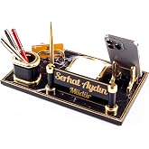 Ofistike Royal Mermer Desen Ahşap Gold Kalemli Masa İsimliği Ofis Masa&uuml;st&uuml; İsimlik Seti Ofis Hediye Yeni İş
