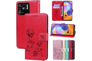 RankOne Estuche Tipo Billetera de Cuero para Redmi 10C / Poco C40 (6.71" Inches), con Tarjetero, Diseño de Rosas, Funda Tipo Libro con Tapa - Rojo