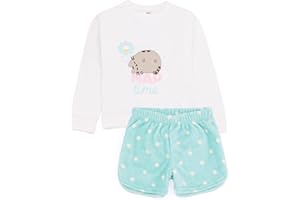 Pusheen The Cat Girls Pijamas | Camiseta de Dibujos Animados para niños Cat Nap Time con Pantalones Cortos de Lana Verde Menta Esponjoso Loungewear Pjs | Mercancía Regalo para Ella