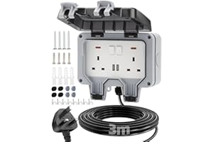 Olutula Outdoor Socket 3m Extension Lead 2 USB Ports Outdoor Double Socket Waterproof IP66 13Amp Weatherproof Outdoor Sockets Switch Indicator Light Wall Electrical Outlet Socket Box for Garden