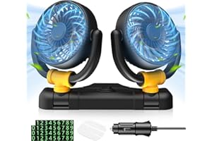 Geegear Car Fan 12V, Portable Auto Car Cooling Fan Dual Head 360° Rotatable Vehicle Fan 2 Speeds Strong Wind Air Circulation Fan, Dashboard Electric Fan for Truck SUV Sedan RV Van Boat Golf Cart