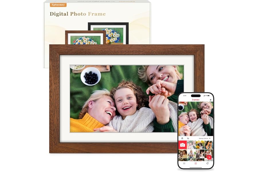 Frameo Digital Photo Frame WiFi Walnut Wood Frame 10.1 Inch Picture Frame with 1280x800 HD IPS Touchscreen, Built-in 32GB, Send Photo Video via Frameo App/USB/SD, Gifts for Women/Men/Grandparents