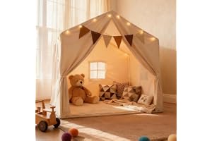 Lektält för barn, lekstuga inomhus med matta/stjärnljus/flagga – stor 145 x 91 x 132 cm lektält för barn, läshörn och lekrum baldakin för pojkar och flickor