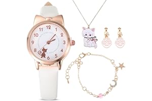 WUIOWPPIC 4 Pcs Armbanduhr Kinder Mädchen, Kinderuhr Armbanduhr Mädchen, Katze Mädchenuhr, Nette Katze Schmuckset Weihnachten, Einschulung Geschenk für Kinder 7 Jahre Mädchen Geschenke