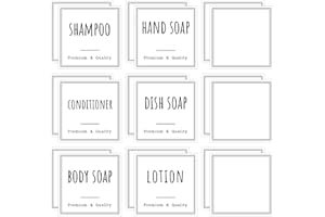 Segbeauty Étiquettes Autocollantes Shampooing Blanc, 12 Pièces Imperméables Pré-imprimés Étiquette et 6 Pièces Vierge pour Manuscrites(6x6 cm), Coller sur Bouteille de Distributeur de Savon, pour Bain