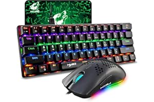 URCHOICELTD 60% Mechanisches Gaming-Tastatur-Maus-Set Typ C Kabelgebundenes 61-Tasten-Layout Rainbow LED Hintergrundbeleuchtete USB-wasserdichte Tastatur Anti-Ghosting-Tasten + Leichte RGB-Mäuse 6400DPI