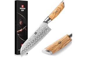 XINZUO Acciaio Damasco Coltello Santoku 18.2cm, Affilata Coltello da Cucina 73 Strati Acciaio Damasco, Professionale Coltello da Cuoco Coltello per Verdure -con Manico in Legno d'Ulivo -Serie Lan