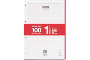 Miquelrius - Bloc de recharge A4, 100 feuilles à carreaux 5x5 mm, Avec marge et en-tête pour les titres, Papier opaque 70 g/m², 4 perforations pour classeur à anneaux, Couleur rouge