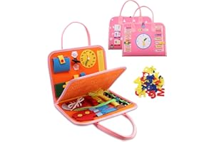 TOPWAYS® Busy Board for Toddlers, Felt Sensory Board Learning Book for Kids, Educational Travel Plane Toys(Pink Clock)