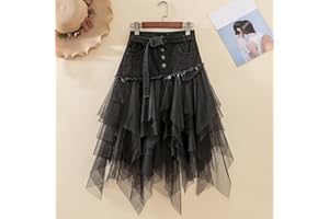 Zouyuan Asymmetrische Denim Jeans Tüll Röcke Damen Hohe Taille Lange Mesh Plissee Midi Gothic Rock mit Taschen Gürtel