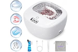 SEANCHEER Mini Ultrasonic Retainer Cleaner | Rechargeable | Cordless | IPX7 Waterproof | 48Khz | 120ML | 2 Modes with Digital Timer for | Denture | Aligner | Night Guard | Jewelry | (White)