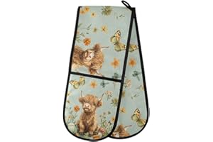 MNSRUU Oven Gloves Double Oven Gloves Highland Cow Green Heat Oven Mitts Pot Holder Heat Resistant Quilted for BBQ Baking Kitchen Cooking Gloves