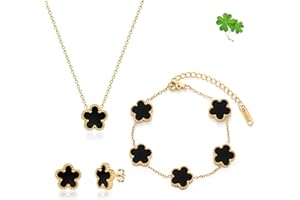 FUNIO Kleeblatt Schmuck Set für Damen - 18 Karat Gold Link Armband Armreif Glücksarmband Halskette Ohrringe Schmuck Geschenk für Damen