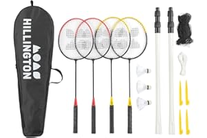 Hillington Complete 4 Player Badminton Tournament Set Strung Racquets, All-Weather Shuttlecocks in Carry Case (4 Player, With Net)