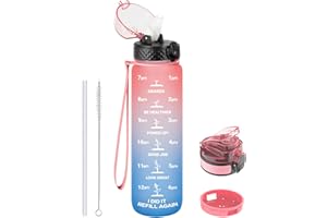 GOPPUS 1L/32oz Borraccia con Cannuccia Borraccia Motivazionale Tenuta Stagna con Marcature del Tempo Borraccia Sportiva in Tritan per Palestra Scuola Borraccia per Adulti Senza BPA con 2 Coperchi