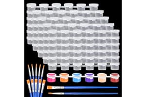 Sixfolo 180 Botes/30 Tiras Botes para Pintura Vacio 3ml Mini Recipientes de Pintura Vacío con Tapas Tiras de Pintura Vacías de Plástico Transparente con 10 Pinceles para Aulas Escuelas Pinturas