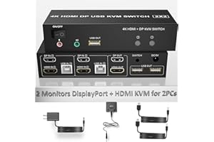 YEEMIE PRO Commutateur KVM DisplayPort HDMI double moniteur 4K @ 60Hz 2 entrées 2 sorties Displayport et commutateur HDMI KVM 2 ordinateurs partagent 2 moniteurs et un jeu de clavier
