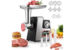 Huanyu Hachoir Électrique Hachoir a Viande Electrique Multi-fonctions Hachoir a Viande avec Poussoir a Saucisse Hachoir Électrique Viande avec 3 Lames et 3 Plaques de Coupe