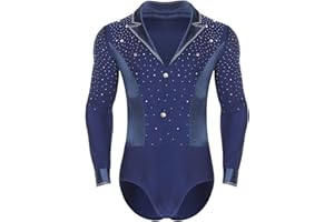 Fldy Herren Tanzbody Langarm V-Ausschnitt Glitzer Hemd Mit Revers Gymnastik Body Eislaufen Trikot Ballett Tanzkostüm