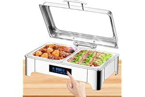 ‎BOVDC BOVDC Chafing Dish Elektrisch 9L, Edelstahl Elektrische Warmhaltebehälter Einstellbare Temperatur, Rechteckiger Chafing Dish Set Speisenwärmer mit Sichtbarem Glasdeckel (B, 1/2 Pan)
