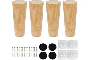 KINDPMA 4 Piezas 12cm Patas para Muebles Madera Roble Cónicas Patas de Mesa de Madera Patas para Sofas con Tornillos y Placa de Montaje para Cama,Sillón,Gabinete de TV, Armario