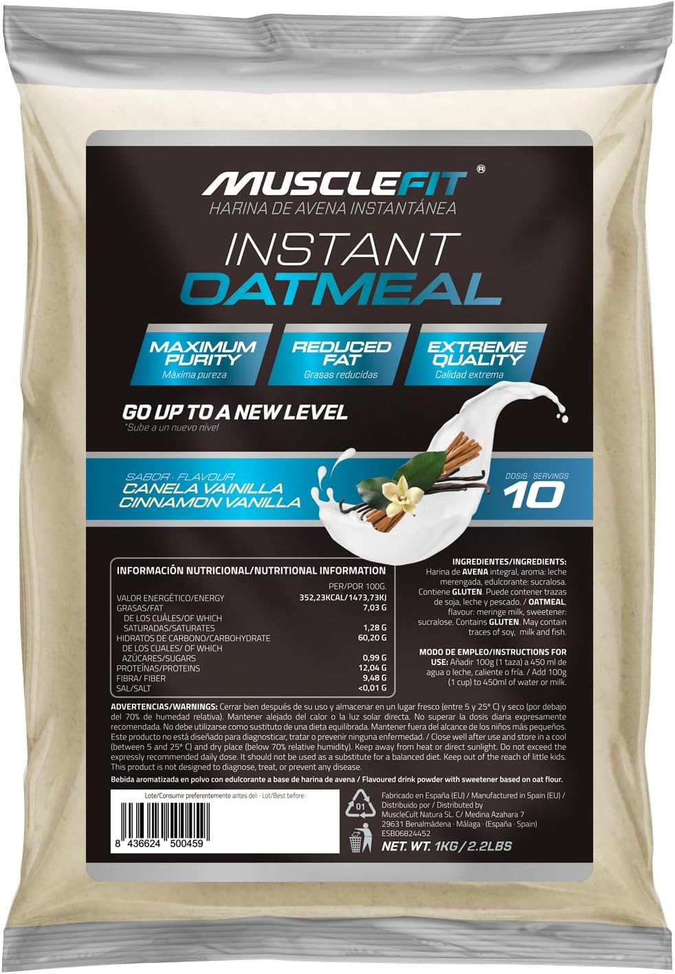 MuscleFit Harina de Avena Integral | 1kg de Avena Molida | Sabor Vainilla y Canela | Oatmeal | Bajo en grasas