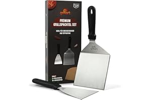 grillart® Juego premium de espátulas de acero inoxidable para hamburguesas aplastadas incl. 30 piezas de papel para hamburguesas - para plancha y teppanyaki - accesorios ideales para barbacoas