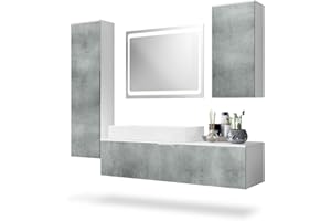 Vladon Set di mobili da Bagno Armadio Beach, Struttura in Bianco Opaco/Frontali in Cemento Grigio Scuro, con lavabo da appoggio e Specchio LED