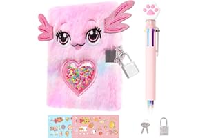 PrinBarBee MINI Axolotl Diary for Girls with lock and keys,4.7x6.1in Kids Journal School Travel Notebook Gift Set for Writing and Drawing,Multicolored Pen, Stickers, Birthday Gift for Girls ages 6-8
