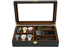 R.SHENGTE Watch Box,6 Watch 3 Slots Sunglasses Wooden Watch Organizer Box with Real Glass Top,Jewelry Storage Display Case for Men Father Husband Boy Friend (6+3 Slots)