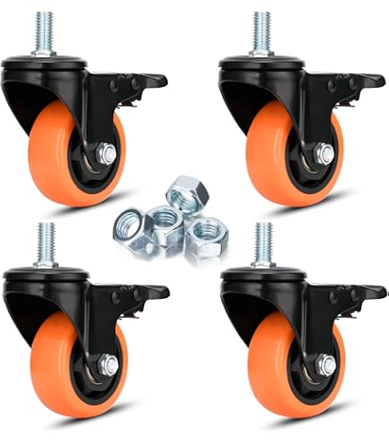 4 Roulettes Pivotantes 100 Mm Avec Frein - Tige Ajustable Pour Tubes 23-40mm, Capacité 500kg, Orange
