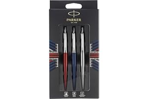 Paquet Trio Discovery de Parker Jotter London : stylo bille (bleu roi), stylo gel (rouge) et portemine (acier inoxydable)