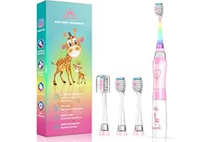 DADA-TECH Spazzolino Elettrico Bambini 3-6-12 Anni Spazzolino Elettrico Bambina Bambino Bimba Con Timer Luci LED Arcobaleno E 4 Testine Morbide (Giraffa Rosa)