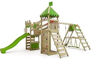 FATMOOSE Aire de jeux RiverRun Royal XXL portique en bois avec SurfSwing, balançoire et toboggan vert pomme tour d'escalade pour enfants avec bac à sable, échelle et accessoires pour le jardin.