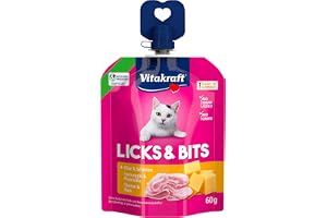 Vitakraft Licks & Bits, mjuk kräm med bitar i klämformat, med ost, återförslutningsbar, utan tillsats av socker (1 x 60 g)