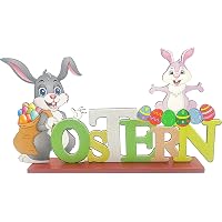 2er Set Osterdeko Holz Hase – Osterhasen Figuren Zum Hinstellen Mit Blumen & Eiern, Tischdeko Ostern