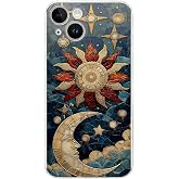 PrintiFy iPhone 14 Plus ile Uyumlu Vitray Sol ve Luna Tasarımlı Şeffaf Silikon Kılıf