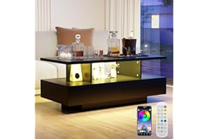 ‎YU YUSING YU YUSING LED-Couchtisch, Wohnzimmertisch Kaffeetisch mit 2 Schubladen 2 Ablagen, 6000-Farbiger LED Beleuchtung, Fernbedienung, APP-Steuerung, Beistelltisch mit Offenem, 105x50x39cm, Modern Schwarz