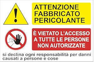 TLDSHOP® - Cartello Segnaletico - ATTENZIONE FABBRICATO PERICOLANTE - 30x20cm - Pezzi 1 - Materiale: (PVC 3mm(FOREX))
