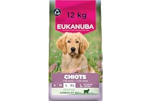 EUKANUBA Life Care Croquettes Chiot/Junior Grande Race 1 à 18 mois, Race Géante 1 à 24 mois, Riche en Agneau & Riz, DHA, Calcium, Oméga 3&6, FOS, MOS, Sans colorants, arômes artificiels ni OGM – 12 kg