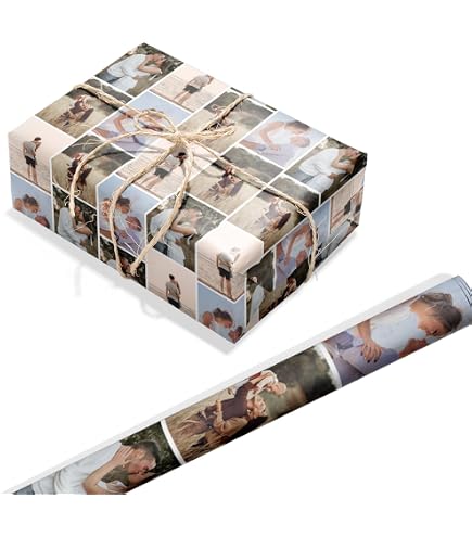 Rouleaux de Papier Cadeau Personnalisés avec Photo Texte et Logo, Papier cadeau personnalisé pour Anniversaire, Mariage, Fête des Mères/Pères, Saint-Valentin, Idéal pour Femme Homme Famille et Couple