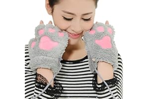 FAKEFACE Mitaine Femme Fille Hiver Mitaine Patte de Chat Gants Peluche Femme Fille Moufle Demi-Doigt Hiver Gants Mignon pour Femme Fille Gants Polaire Chaud Moufle en motif de Cartoon
