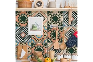 mefound 40psc Tile Stickers,Moroccan Style Wall Tile Transfers Stickers Self-Adhesive Waterproof Mosaic Art Vintage RetroDecor for Kitchen Bathroom DIY(15cm x 15cm, 6x6 inches)