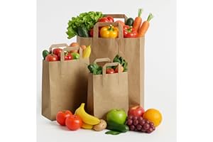 Meown Brown Paper Bags with Handles – Recyclable Kraft Carrier Bag, Flat Handle Food, Gift & Takeaway Bags, Durable & Biodegradable Paper for Retail, Grocery, Parties – (100, SMALL)