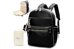 MISS FONG Changing Bag Baby Changing Bags, Nappy Changing Bags with Refillable Bottle Keychain, Pram Clips and Changing Mat,Leather Changing Bag Baby Backpack Bag Diaper Bag For Mum-Black