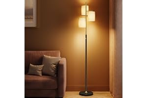 VASAGLE Lampadaire sur Pied Salon, Lampe sur Pied, avec 3 Ampoules, Intensité Réglable, Abat-Jour en Tissu, Style Moderne, 3 Douilles E27, Doré et Noir LFL003B02