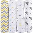 haus & kinder Chevron Stripes 100% Soft Cotton Muslin Swaddle Wrap for Newborn Baby 0 to 12 Months Old, 100 x 100 cm, Pack of 4 - Anchor, Dots, Star Grey, Yellow